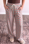Multicolour Festive Plaid Drawstring Elastic Waist Pants