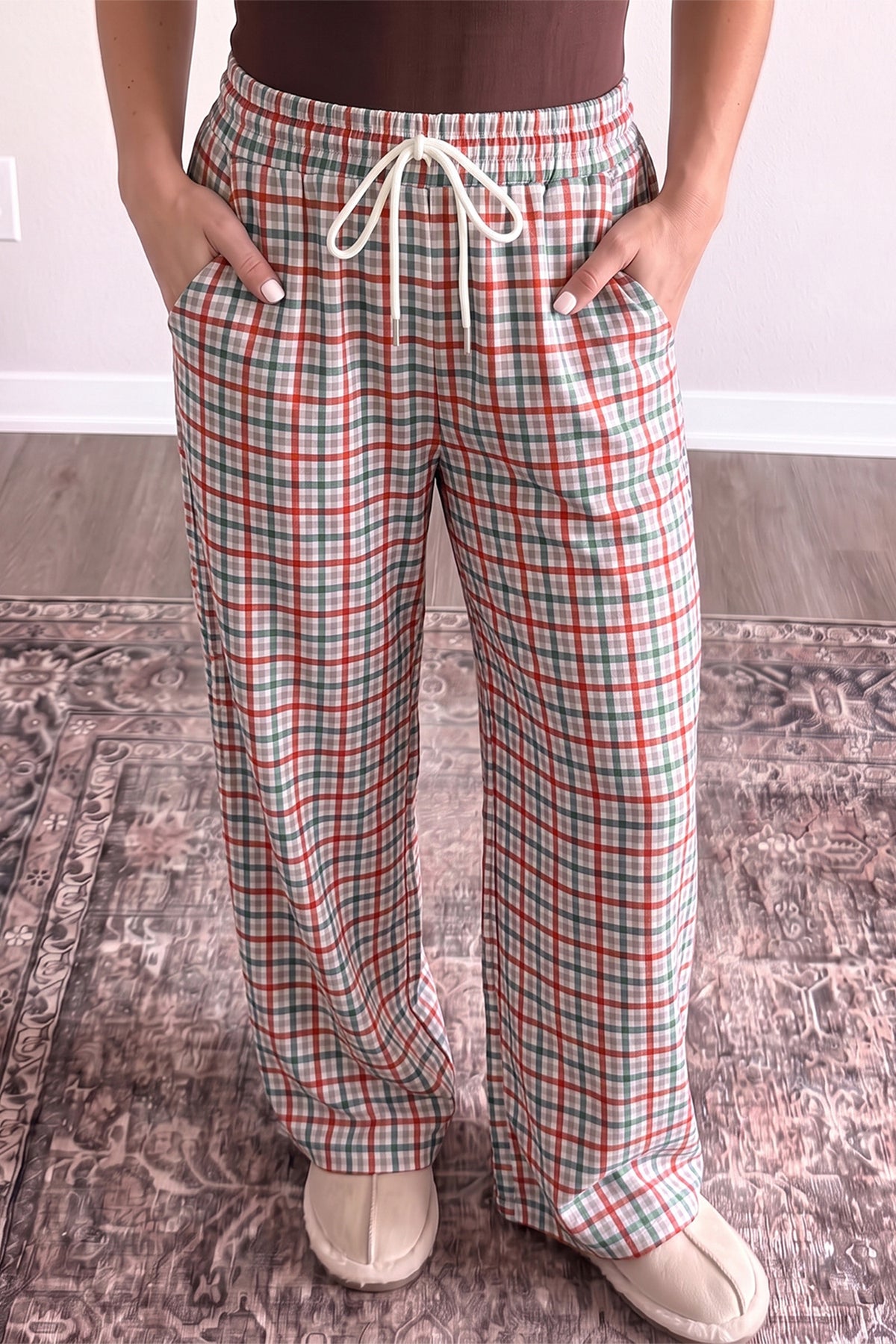 Multicolour Festive Plaid Drawstring Elastic Waist Pants